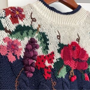 80s 90s Vintage Chaus Floral Knit Grandmacore Cottagecore Blue Sweater coquette